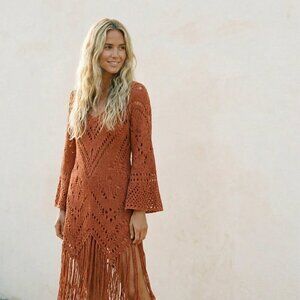 Free People NWT Autumn Constellation Mars Fringe Knit Crochet Sweater Dress XS